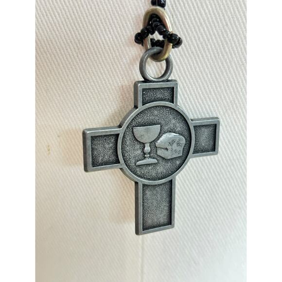 Black 32 Inch Overhead Necklace Pewter Cross Pendant "Christ has Chosen You" - Picture 5 of 7